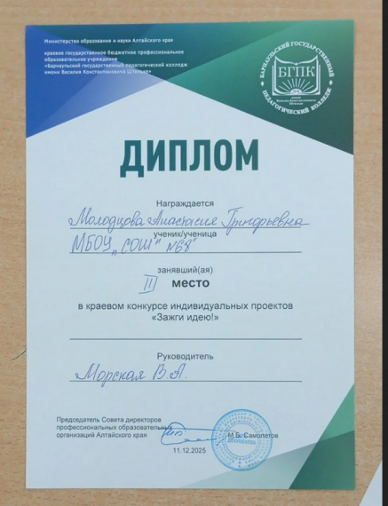 Наши учащиеся - призеры краевого конкурса индивидуальных проектов "Зажги идею!".